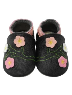 Yalion Krabbelschuhe^Baby-Lederlaufschuhe mit rutschfester Sohle – schwarz mit Blumenmuster