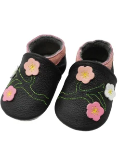 Yalion Krabbelschuhe^Baby-Lederlaufschuhe mit rutschfester Sohle – schwarz mit Blumenmuster