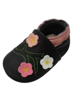 Yalion Krabbelschuhe^Baby-Lederlaufschuhe mit rutschfester Sohle – schwarz mit Blumenmuster