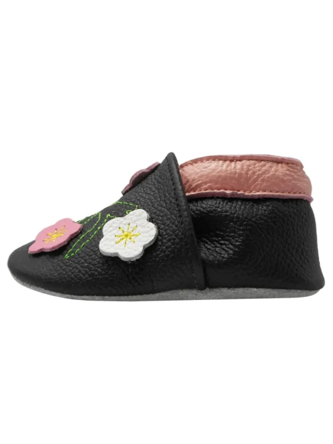 Yalion Krabbelschuhe^Baby-Lederlaufschuhe mit rutschfester Sohle – schwarz mit Blumenmuster