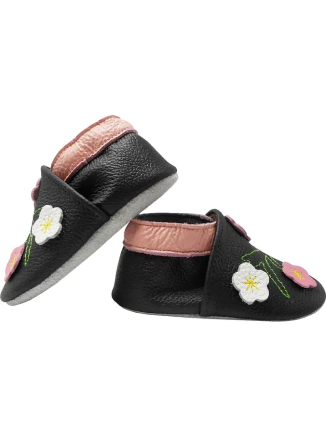 Yalion Krabbelschuhe^Baby-Lederlaufschuhe mit rutschfester Sohle – schwarz mit Blumenmuster
