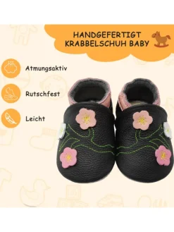 Yalion Krabbelschuhe^Baby-Lederlaufschuhe mit rutschfester Sohle – schwarz mit Blumenmuster