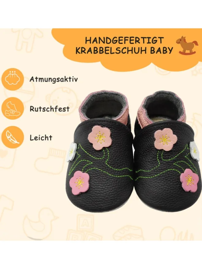 Yalion Krabbelschuhe^Baby-Lederlaufschuhe mit rutschfester Sohle – schwarz mit Blumenmuster
