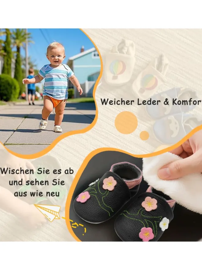 Yalion Krabbelschuhe^Baby-Lederlaufschuhe mit rutschfester Sohle – schwarz mit Blumenmuster