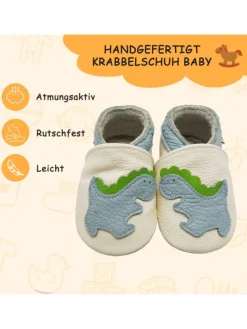 Baby-Lederlaufschuhe mit rutschfester Sohle – Cremefarben mit Dinosauriermuster><noscript><img width=