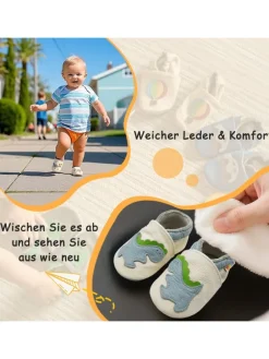 Baby-Lederlaufschuhe mit rutschfester Sohle – Cremefarben mit Dinosauriermuster><noscript><img width=