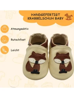 Baby-Lederlaufschuhe mit rutschfester Sohle – Cremefarben mit Fuchsmotiv><noscript><img width=