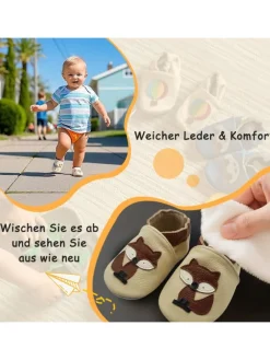 Baby-Lederlaufschuhe mit rutschfester Sohle – Cremefarben mit Fuchsmotiv><noscript><img width=