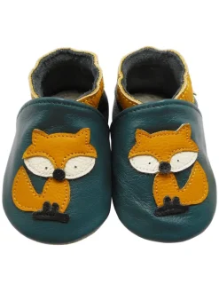 Yalion Krabbelschuhe^Baby-Lederlaufschuhe mit rutschfester Sohle – dunkelgrün mit Fuchsmotiv
