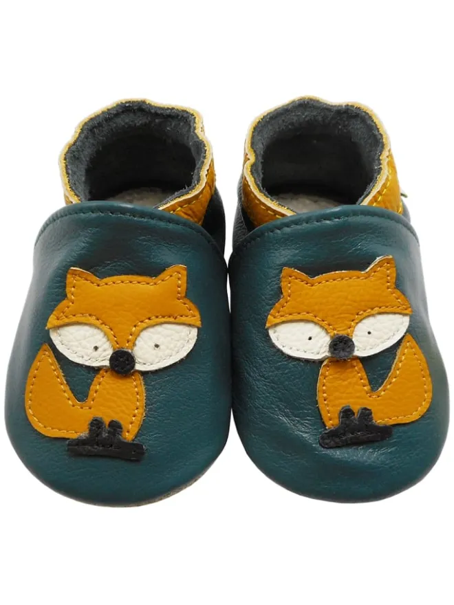 Yalion Krabbelschuhe^Baby-Lederlaufschuhe mit rutschfester Sohle – dunkelgrün mit Fuchsmotiv
