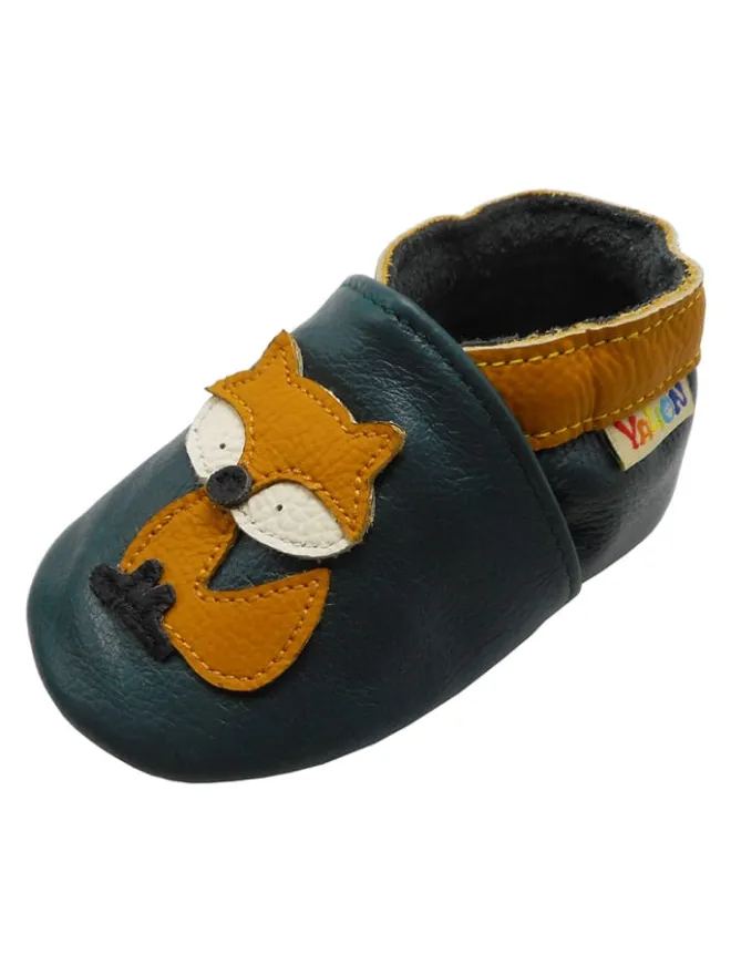 Yalion Krabbelschuhe^Baby-Lederlaufschuhe mit rutschfester Sohle – dunkelgrün mit Fuchsmotiv