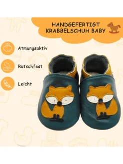 Yalion Krabbelschuhe^Baby-Lederlaufschuhe mit rutschfester Sohle – dunkelgrün mit Fuchsmotiv