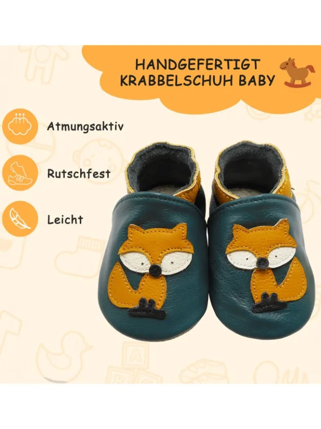 Yalion Krabbelschuhe^Baby-Lederlaufschuhe mit rutschfester Sohle – dunkelgrün mit Fuchsmotiv