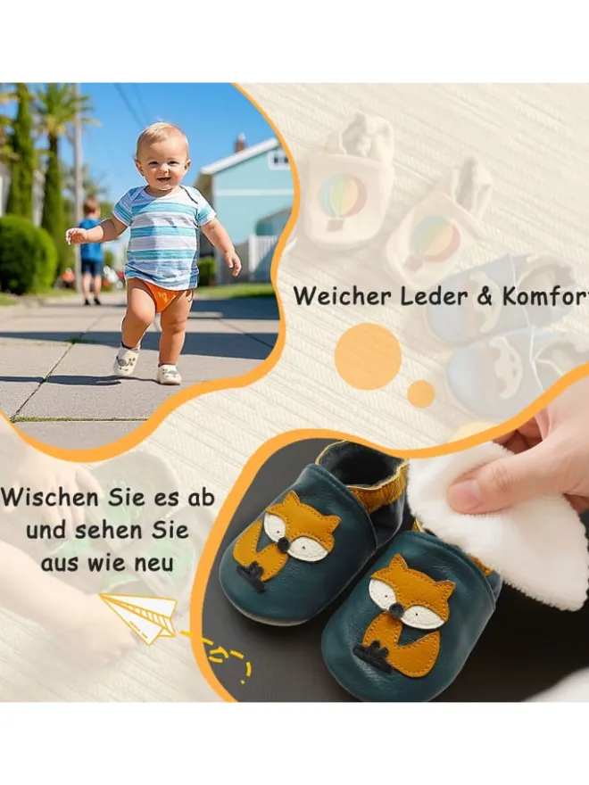 Yalion Krabbelschuhe^Baby-Lederlaufschuhe mit rutschfester Sohle – dunkelgrün mit Fuchsmotiv