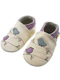 Baby-Lederlaufschuhe mit rutschfester Sohle – Cremefarben mit Vogelmotiv>Yalion Outlet