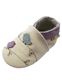 Baby-Lederlaufschuhe mit rutschfester Sohle – Cremefarben mit Vogelmotiv><noscript><img width=
