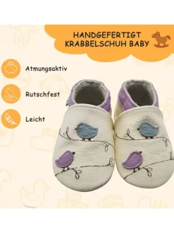 Baby-Lederlaufschuhe mit rutschfester Sohle – Cremefarben mit Vogelmotiv><noscript><img width=