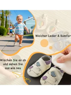 Baby-Lederlaufschuhe mit rutschfester Sohle – Cremefarben mit Vogelmotiv><noscript><img width=