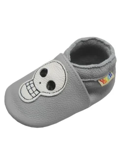 Babyschuhe aus echtem Leder mit rutschfester Sohle –Hellgrau mit Totenkopfmuster><noscript><img width=