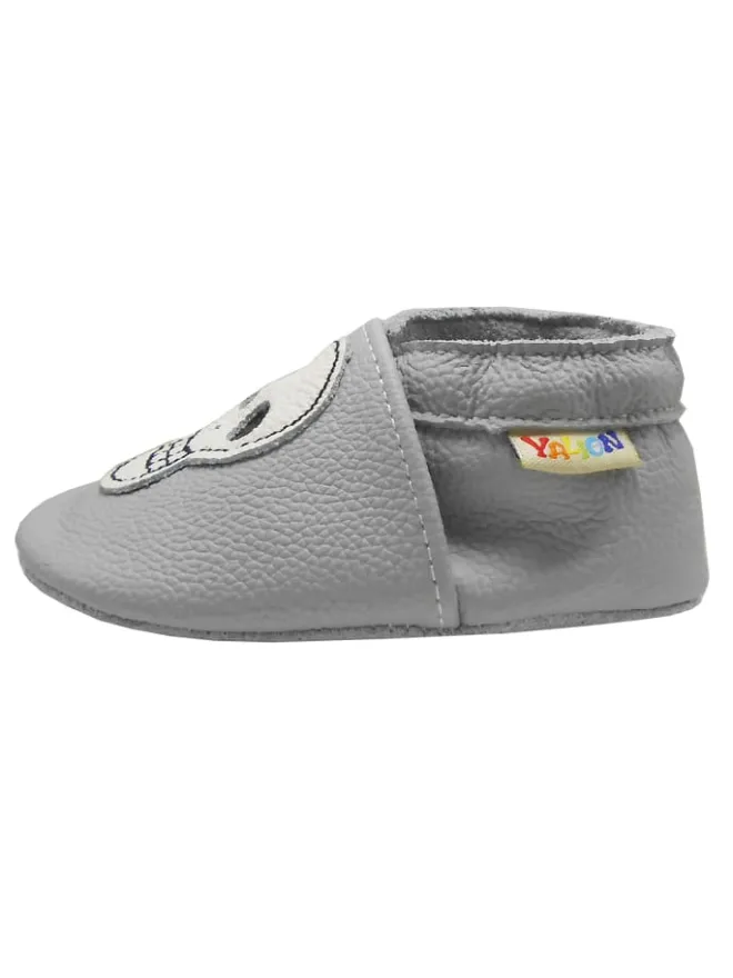 Babyschuhe aus echtem Leder mit rutschfester Sohle –Hellgrau mit Totenkopfmuster>Yalion Clearance