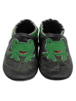 Yalion Krabbelschuhe^Babyschuhe aus Leder mit rutschfester Sohle – Schwarz mit Frosch-Muster