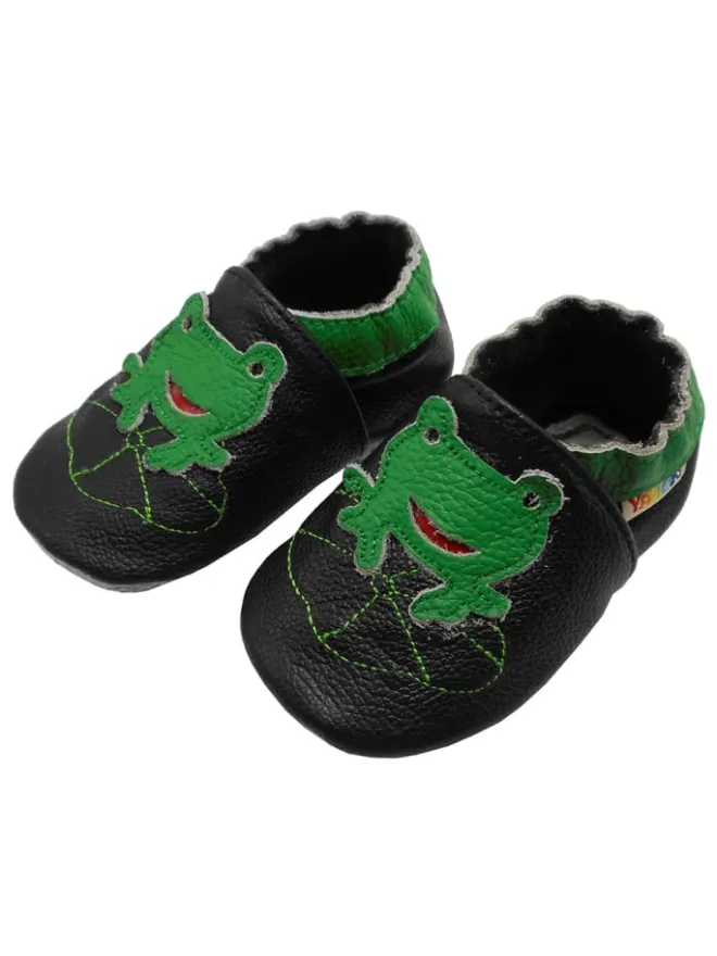 Yalion Krabbelschuhe^Babyschuhe aus Leder mit rutschfester Sohle – Schwarz mit Frosch-Muster