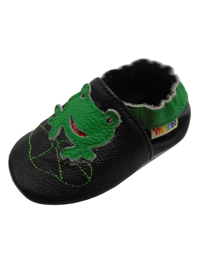 Yalion Krabbelschuhe^Babyschuhe aus Leder mit rutschfester Sohle – Schwarz mit Frosch-Muster
