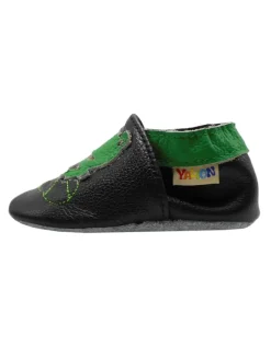 Yalion Krabbelschuhe^Babyschuhe aus Leder mit rutschfester Sohle – Schwarz mit Frosch-Muster