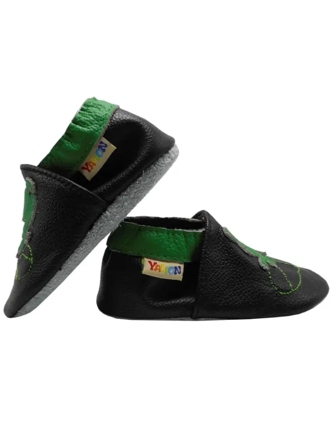 Yalion Krabbelschuhe^Babyschuhe aus Leder mit rutschfester Sohle – Schwarz mit Frosch-Muster