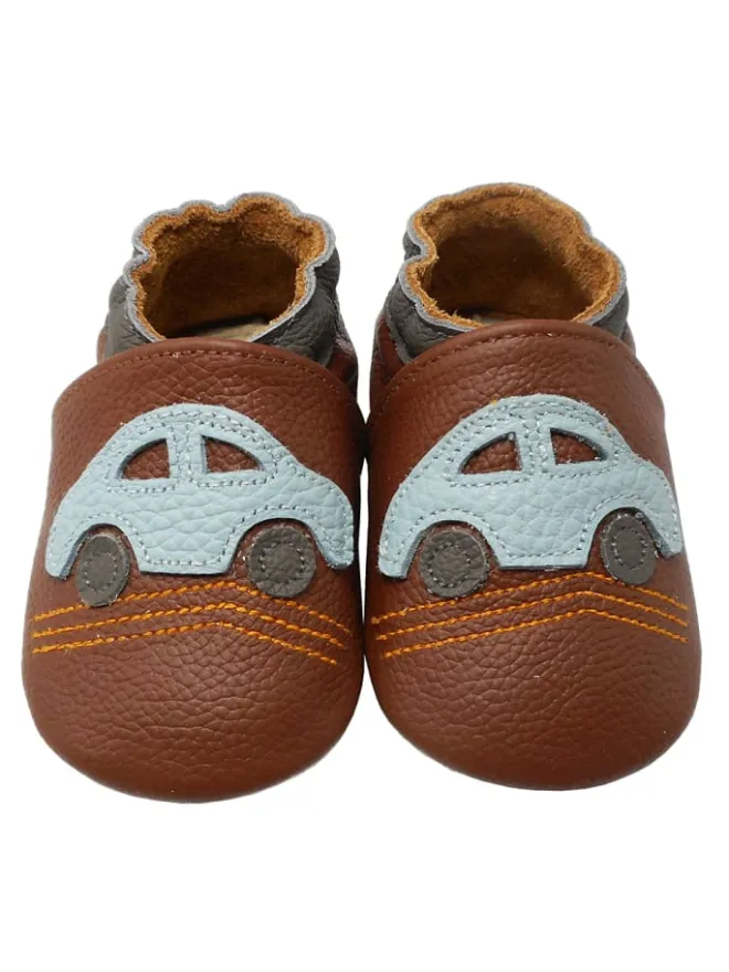 Babyschuhe aus Leder mit rutschfester Sohle – Braun mit Auto-Muster>Yalion New