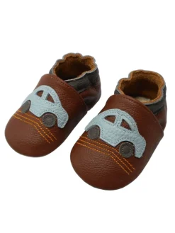 Babyschuhe aus Leder mit rutschfester Sohle – Braun mit Auto-Muster>Yalion New