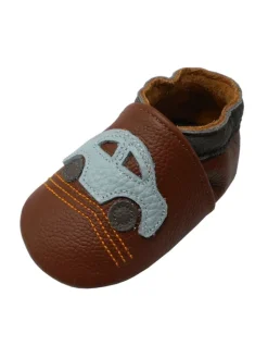 Babyschuhe aus Leder mit rutschfester Sohle – Braun mit Auto-Muster><noscript><img width=