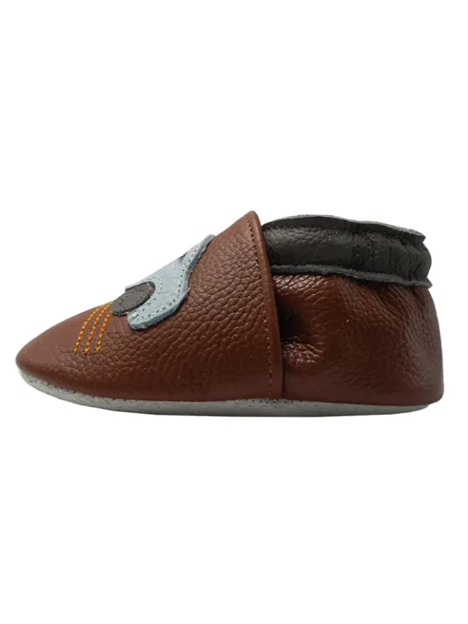 Babyschuhe aus Leder mit rutschfester Sohle – Braun mit Auto-Muster>Yalion New