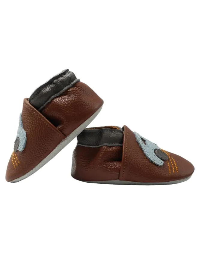 Babyschuhe aus Leder mit rutschfester Sohle – Braun mit Auto-Muster>Yalion New