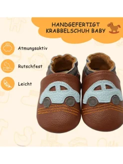 Babyschuhe aus Leder mit rutschfester Sohle – Braun mit Auto-Muster><noscript><img width=