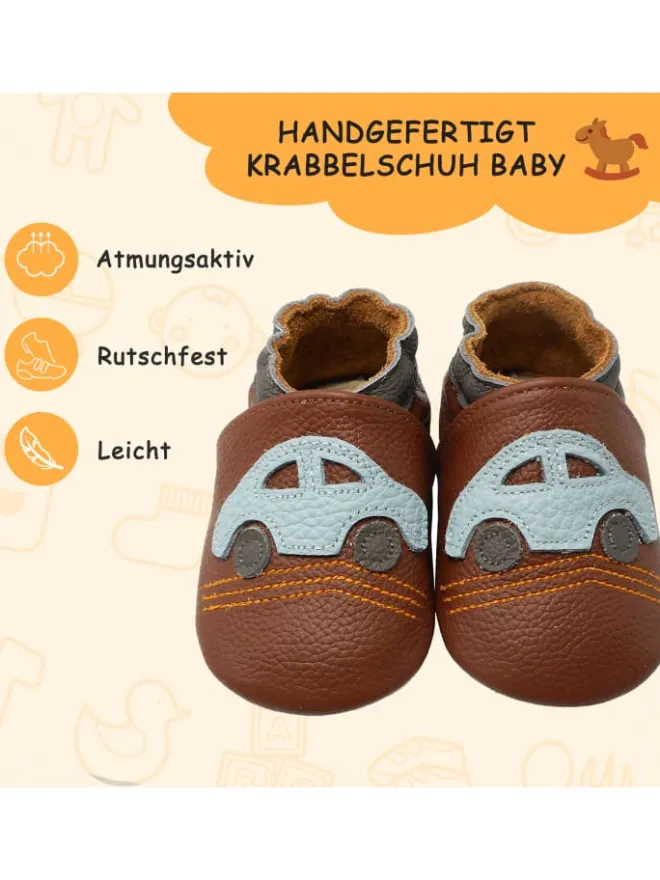 Babyschuhe aus Leder mit rutschfester Sohle – Braun mit Auto-Muster>Yalion New