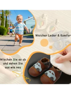 Babyschuhe aus Leder mit rutschfester Sohle – Braun mit Auto-Muster><noscript><img width=
