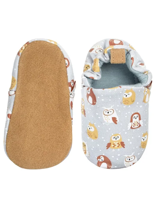 Baumwoll-Krabbelschuhe "Owl" in Hellblau>Lait et Miel Online