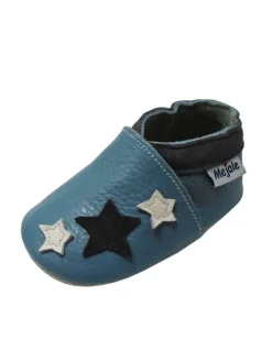 Blaue Baby Leder Krabbelschuhe, mit rutschfester Sohle – Sternenmuster><noscript><img width=