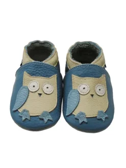 Blaue Baby Leder Krabbelschuhe, mit rutschfester Sohle – Eulen-Muster>Mejale Outlet