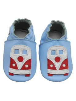 Blaue Baby-Leder-Laufschuhe, komfortabel mit rutschfester Sohle - mit Busmotiv>Bemesu