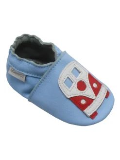 Blaue Baby-Leder-Laufschuhe, komfortabel mit rutschfester Sohle - mit Busmotiv>Bemesu