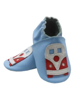 Blaue Baby-Leder-Laufschuhe, komfortabel mit rutschfester Sohle - mit Busmotiv><noscript><img width=