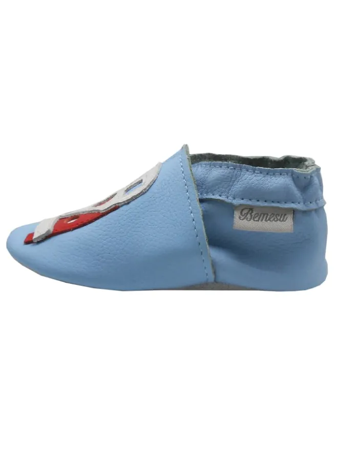 Blaue Baby-Leder-Laufschuhe, komfortabel mit rutschfester Sohle - mit Busmotiv>Bemesu