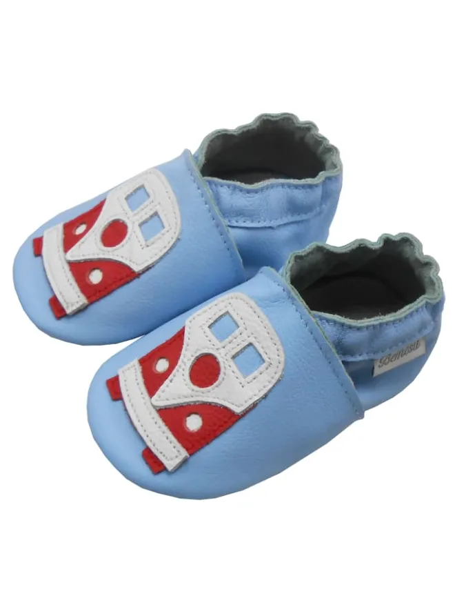 Blaue Baby-Leder-Laufschuhe, komfortabel mit rutschfester Sohle - mit Busmotiv>Bemesu