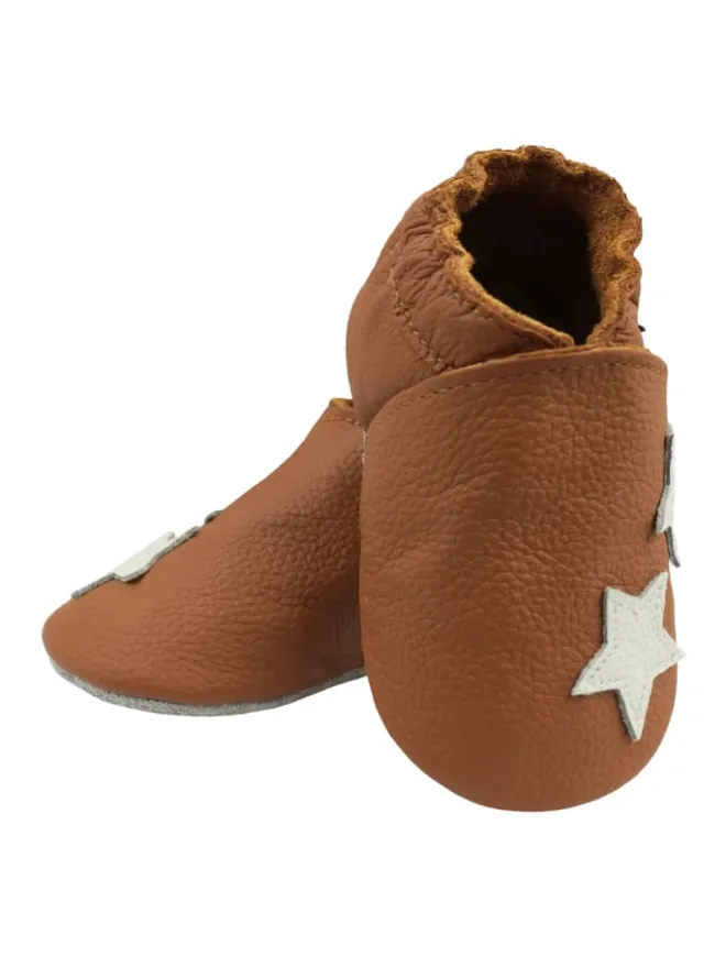Bemesu Krabbelschuhe^Braune Baby-Lederschuhe, komfortable rutschfeste Sohle - Sternmuster