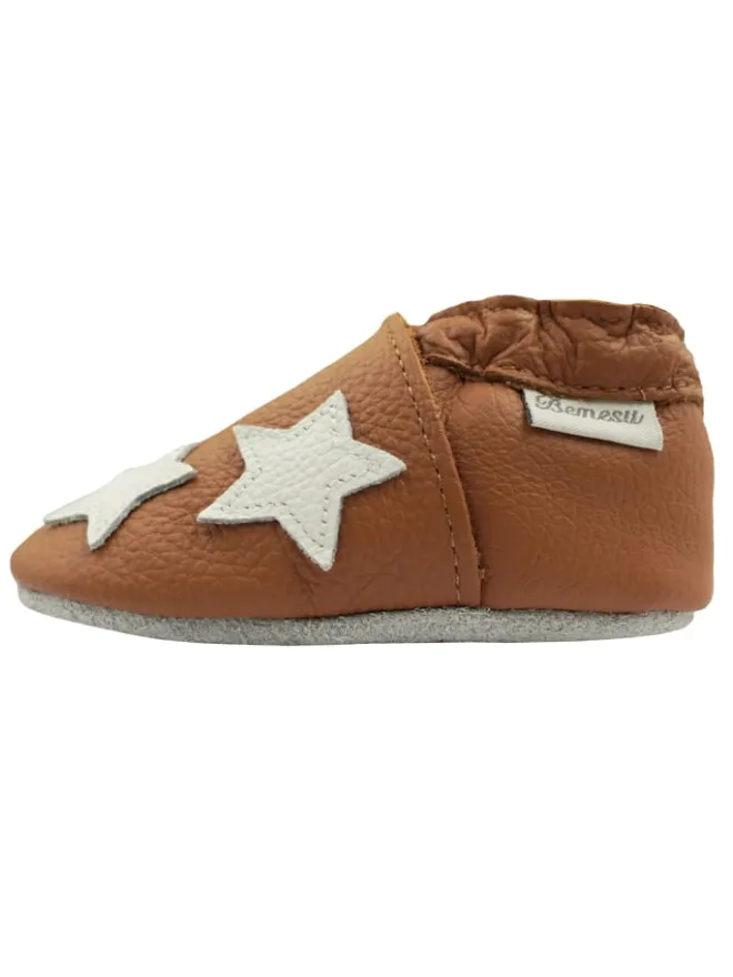 Bemesu Krabbelschuhe^Braune Baby-Lederschuhe, komfortable rutschfeste Sohle - Sternmuster