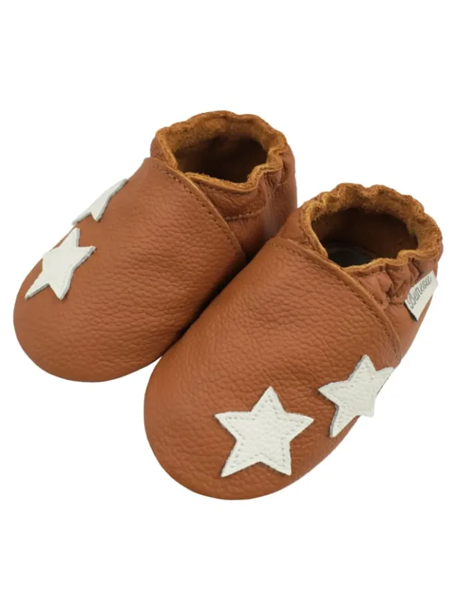 Bemesu Krabbelschuhe^Braune Baby-Lederschuhe, komfortable rutschfeste Sohle - Sternmuster