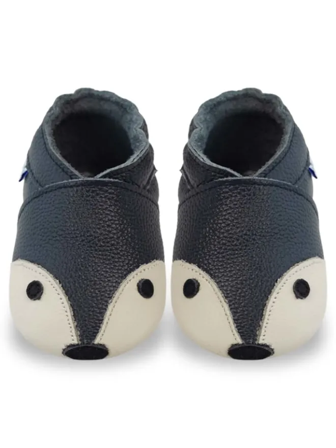 Dunkelblaue Baby Leder Krabbelschuhe, mit rutschfester Sohle – Fuchs-Muster>Yihakids New