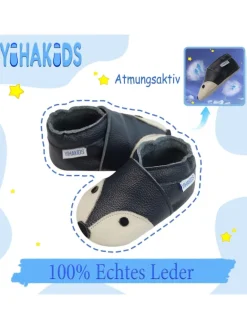Dunkelblaue Baby Leder Krabbelschuhe, mit rutschfester Sohle – Fuchs-Muster>Yihakids New